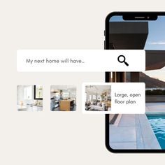 an iphone with the text my next home will have large, open floor plan on it