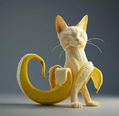 a cat that is sitting next to a banana peel in the shape of a letter