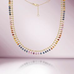 Diamond & Dangling Pear Shape Rainbow Sapphire Choker Necklace (15.00 ct.) in 14K Gold Luxury Multicolor Diamond Necklaces, Sapphire Choker, Beautiful Diamond Necklace, The Bling Ring, Diamond Tennis Necklace, Rainbow Sapphires, White Gold Necklaces, Choker Style, Tennis Necklace