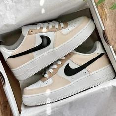 ad eBay - Nike Air Force 1 Custom Hand Painted White Shoes Beige Black Swoosh Sneaker Art - Buy Now, click the link (eBay) Shoe Artwork, Nike Air Force 1 Custom, Nike Air Force One, Preppy Shoes, Air Force 1 Custom, Custom Air Force 1, Sneaker Art, Hand Painted Shoes, Nike Air Force Ones