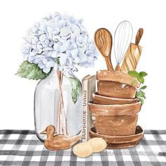 a watercolor painting of kitchen utensils and flowers in a glass jar on a checkered tablecloth