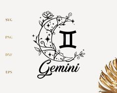 the zodiac sign for genni on a white background with gold leaves and stars around it