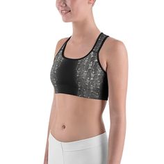 A cleaver blend of black and greys makes the Gearbunch Tiny Skeletons Creeping Up Sports Bra a versatile item for your activewear outfits. This gorgeous sports bra is made from moisture-wicking material that stays dry during low and medium intensity workouts. The bra has support material in the shoulder straps, double layer front, and a wide elastic band to ensure constant support. Be Happy, Be Bright, Be You with Gearbunch Activewear Outfits, Legging Outfits, Womens Leggings, Sport Bh, Active Wear Outfits, Black Sports Bra, Sport Bra, Intense Workout, Outfits With Leggings