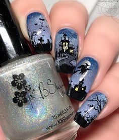 Halloween Nails Haunted House, Witches Nail Art, Dark Blue Spooky Nails, Halloween Nails Witches, Night Sky Nails Design, Halloween Stamped Nails, Haunted House Nail Art, Halloween Nail Stamping Ideas, Night Sky Nail Art