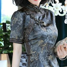 Lasaky - Vintage Mandarin Collar Cheongsam Dress with Leaves Print, Bodycon Fit, Split Short Sleeves and Traditional Frog Buttons - Womens Fashion Leaves Print, Cheongsam Dress, Cheongsam, Mandarin Collar, Leaf Prints, Short Sleeve Dresses, Split, Short Sleeves, Collar