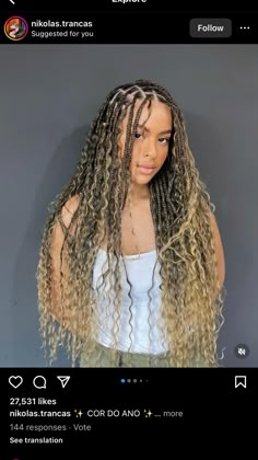 Blonde Highlight Goddess Braids, Goddess Braids Brown And Blonde, Blonde Knotless Goddess Braids, Blonde Mix Goddess Braids, Ombre Blonde Goddess Braids, Blonde Brown Boho Braids, Ombre Boho Braids, Blonde Bohemian Knotless Braids, Blue Natural Hair