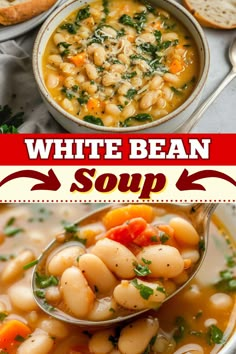 white bean soup with spinach and carrots in a bowl on a table next to bread