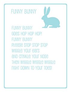 a blue bunny sitting in front of a white sign that says, funny bunny goes hop hop