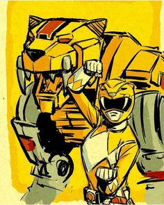 a drawing of a man riding a motorcycle next to a large yellow vehicle with a helmet on