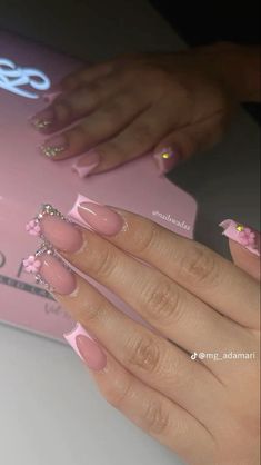 Pink French Tips With Rhinestones, French Tips Flowers, French Tips With Rhinestones, Acrylic Nails French, Pink Bling Nails, Pink French Tips, Nails French Tips, Spring Acrylic Nails