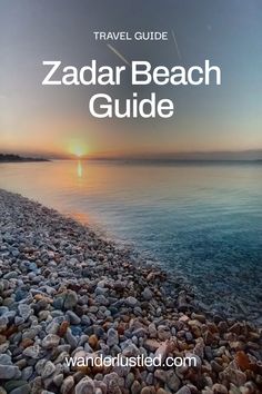 the cover of a travel guide for zadar beach, with rocks and pebbles on it