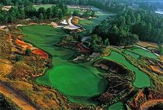 an aerial view of a golf course surrounded by trees