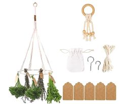 an assortment of items are displayed on a white background, including a hanging planter