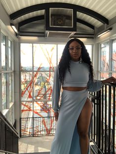 Baby blue long sleeve crop top and skirt set. High Split Skirt, Blue Long Sleeve Crop Top, Crop Top And Skirt Set, Crop Top And Skirt, Top And Skirt Set, Split Skirt, Top And Skirt, Blue Long Sleeve, Long Sleeve Crop