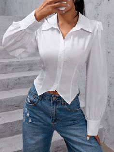 Blanco Casual Collar manga larga Tela Liso Camisa Embellished No-Elástico  Tops & Blusas & Camisetas de Mujer Women Shirt Designs Formal, Formal Shirts Women, Formal Shirt Design, Ladies Shirts Formal, Formal Blouses For Women, Formal Attire For Women, Women Shirt Designs, Formal Tops