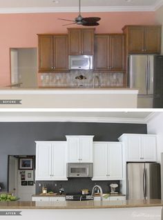 before and after pictures of a kitchen remodel with white cabinets, stainless steel appliances