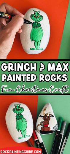 This Grinch and Max rock painting activity will get your family in the Christmas spirit this year. My kids are Grinch fans, and always root for Max, the dog to help the mean Ole Grinch’s heart to grow two sizes too big! Grinch Rock Painting, Grinch Projects, Painting Ideas For Christmas, Creative Holiday Cards, Holiday Classroom Activities, Rock Painting Supplies, Paint Marker Pen, Holiday Classroom, Rock Painting Ideas