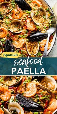 spanish seafood paella with shrimp, mussels and rice in a skillet