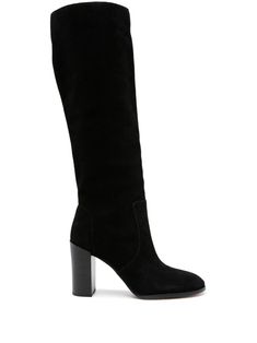 black calf suede/calf leather tonal stitching round toe slip-on style branded leather insole 95mm high block heel leather sole Chic Suede Heeled Boots With Leather Sole, Suede Knee-high Heeled Boots With Leather Sole, Formal Calf Leather Heeled Boots With Suede Lining, Formal Heeled Boots With Suede Lining And Calf Leather, Elegant High Heel Suede Platform Boots, Suede Boots With Sculpted Heel For Work, Knee-high Heeled Boots In Calf Leather With Suede Lining, Elegant Suede Platform Boots, Black Suede Luxury Knee-high Boots