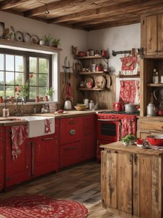 an old fashioned kitchen with red cabinets and wood flooring is pictured in this image