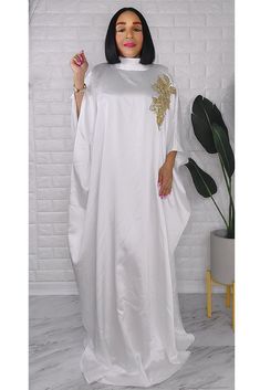 032623 The White Satin Royalty Maxi Dress/Caftan with Gold Broderie White Bubu Gown, White Gold Dress, Satin Maxi, Satin Maxi Dress, Single Women, White Satin, Cotton Dresses, The White, Royalty