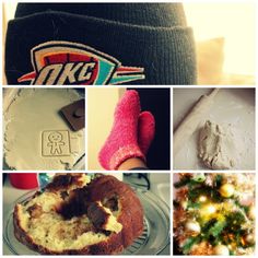 a collage of photos with doughnuts, christmas tree, and other items