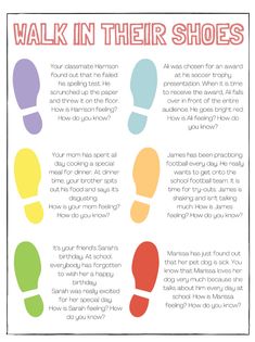 a poster with the words walk in their shoes and an image of footprints on it