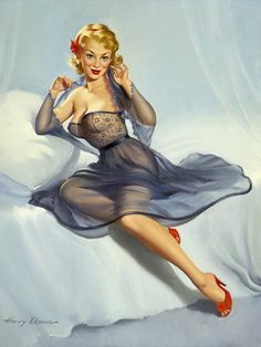 a painting of a woman in a blue dress sitting on a white sheet with her legs crossed