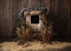 two ducks are sitting in hay next to a birdhouse with a black square window