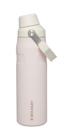 thermos water bottle is white and has a stainless steel lid with a clip on it