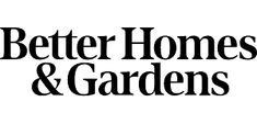 the better homes and gardens logo is shown in black on a white background with red lettering