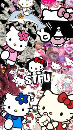 many hello kitty stickers are shown in this collage with the same image as each other