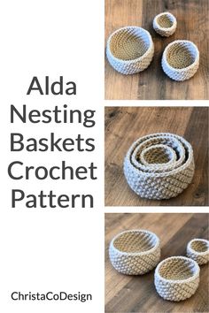 four photos showing the steps to crochet baskets for baby shoes and slippers