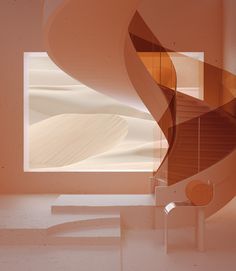 an abstract image of a spiral staircase in pink and orange tones with white columns on either side