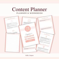 the content planning planner and workbook is shown in pink with white writing on it