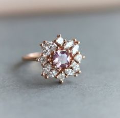 Pink Sapphire Diamond Ring, Sapphire Cluster Ring, Peach Sapphire Engagement Ring, Square Engagement Rings, Peach Sapphire, Pearl Engagement Ring, Peach Morganite, Jasmine Flower, Padparadscha Sapphire