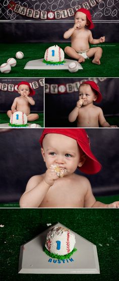 a baby in a red hat is eating cake and sitting on the ground with other photos