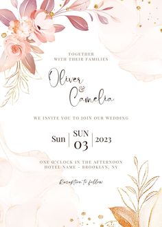 an elegant wedding card with pink flowers and gold glitters on the bottom, is shown