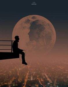 a man sitting on top of a ledge next to a city under a full moon