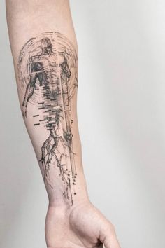 a person's arm with a drawing on it and a hand holding something in the air