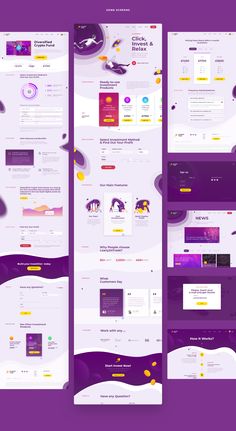 the purple and yellow website design is displayed on two separate screens, one with an image of