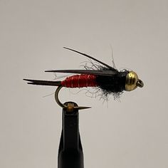 two black and red flies sitting on top of a metal tip with gold tips in the middle