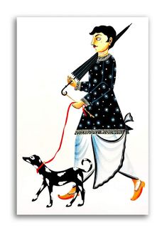 a painting of a person walking a dog on a leash with an umbrella over their head