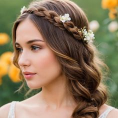 a woman with long hair wearing a braid and flowers in her hair is looking off to the side