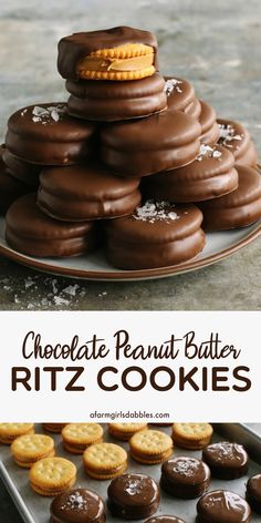 chocolate peanut butter ritz cookies stacked on top of each other