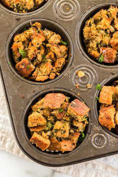 four muffin tins filled with different types of food