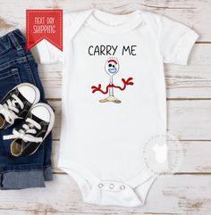 This listing is for the super cute Forky  Baby Bodysuit .   Lil Cute Tess Co uses Gerber Brand bodysuit , they are super soft quality cotton bodysuits. The design is directly printed on to the bodysuit using safe eco-friendly inks.  PRODUCTION TIME AND SHIPPING -All orders next business day. Playful White Bodysuit As A Gift, Playful White Bodysuit As Gift, Fun Cartoon Print Bodysuit For Playtime, Cartoon Print Bodysuit For Playtime, Playful White Bodysuit Gift, Tou Story Family Shirts, Baby Squeaky Shoes, Toy Story Family Costumes Pregnant, Disney Baby Onesies