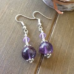 Crystal Earrings Dangle, Lucky Seven, Dangle Silver Earrings, Purple Amethyst Earrings, Purple Dangle Earrings, Beaded Earrings Diy, Birthday Items, Wire Jewelry Designs, Earrings Purple