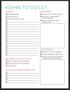 a printable to do list for kids with the words, kidmin to do list