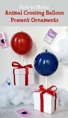 an animal crossing balloon present ornaments with red, white and blue balloons in the background